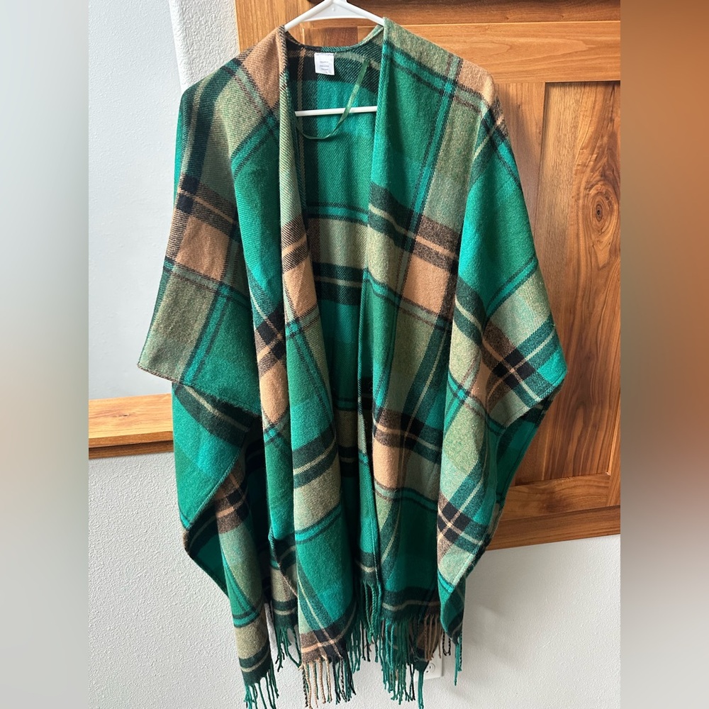 Green and Tan Plaid Shawl Wrap
